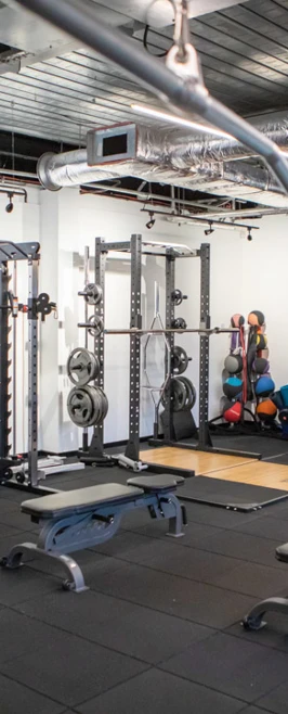 Weight training area in a college gym, featuring benches, racks, free weights, and functional fitness equipment. Weight training area in a college gym, featuring benches, racks, free weights, and functional fitness equipment.